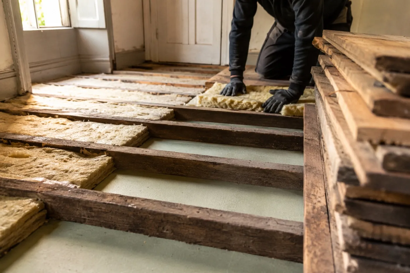 Insulation being fitted between the timber floor joists of an Irish period home with the floorboards lifted