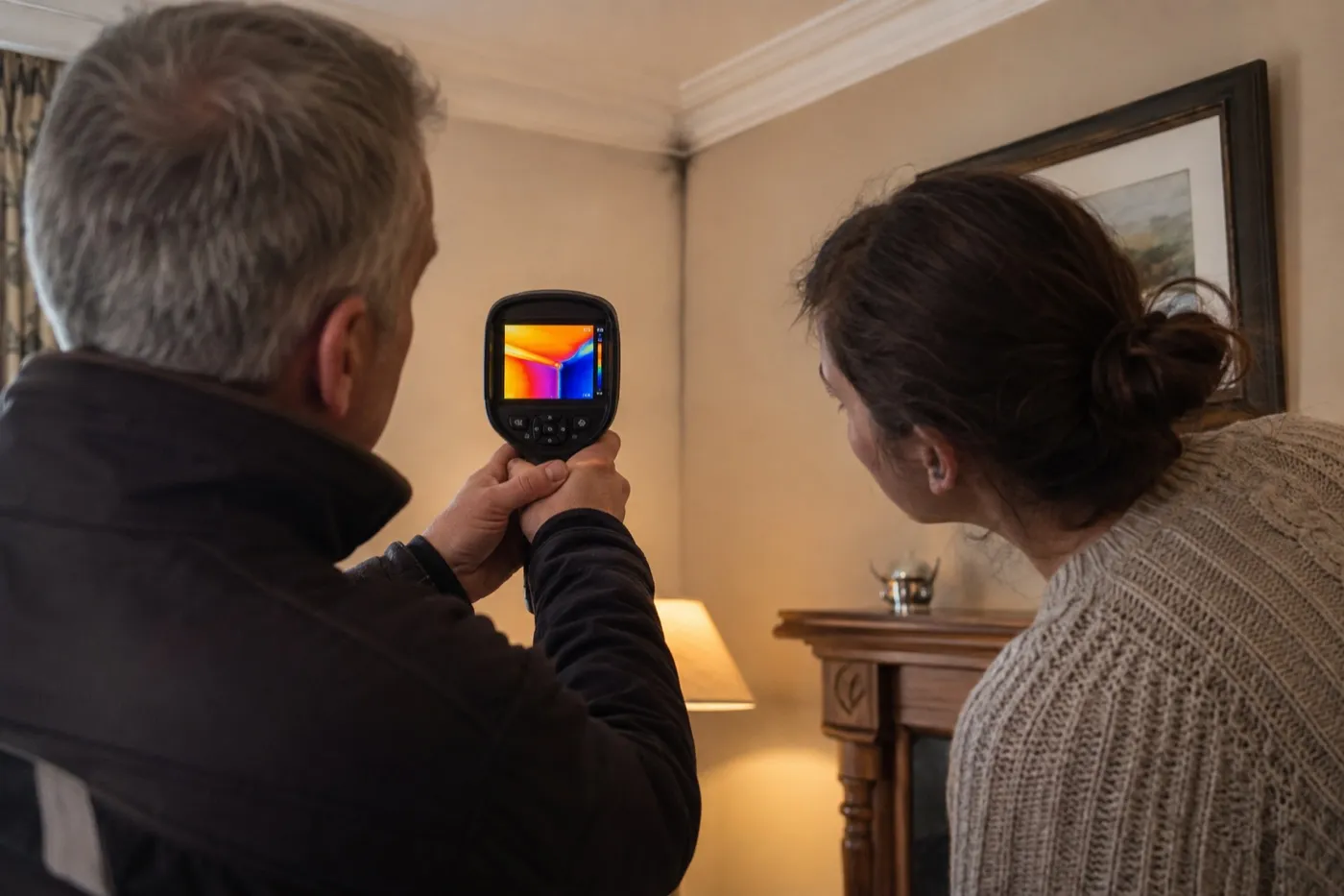 An energy assessor showing a homeowner a thermal imaging camera screen at the front door of an Irish home