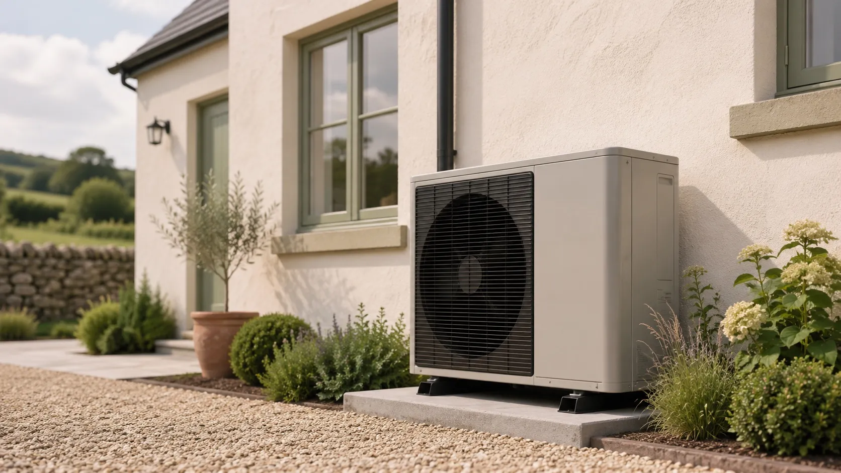 An air-source heat pump unit outside a warm Irish home