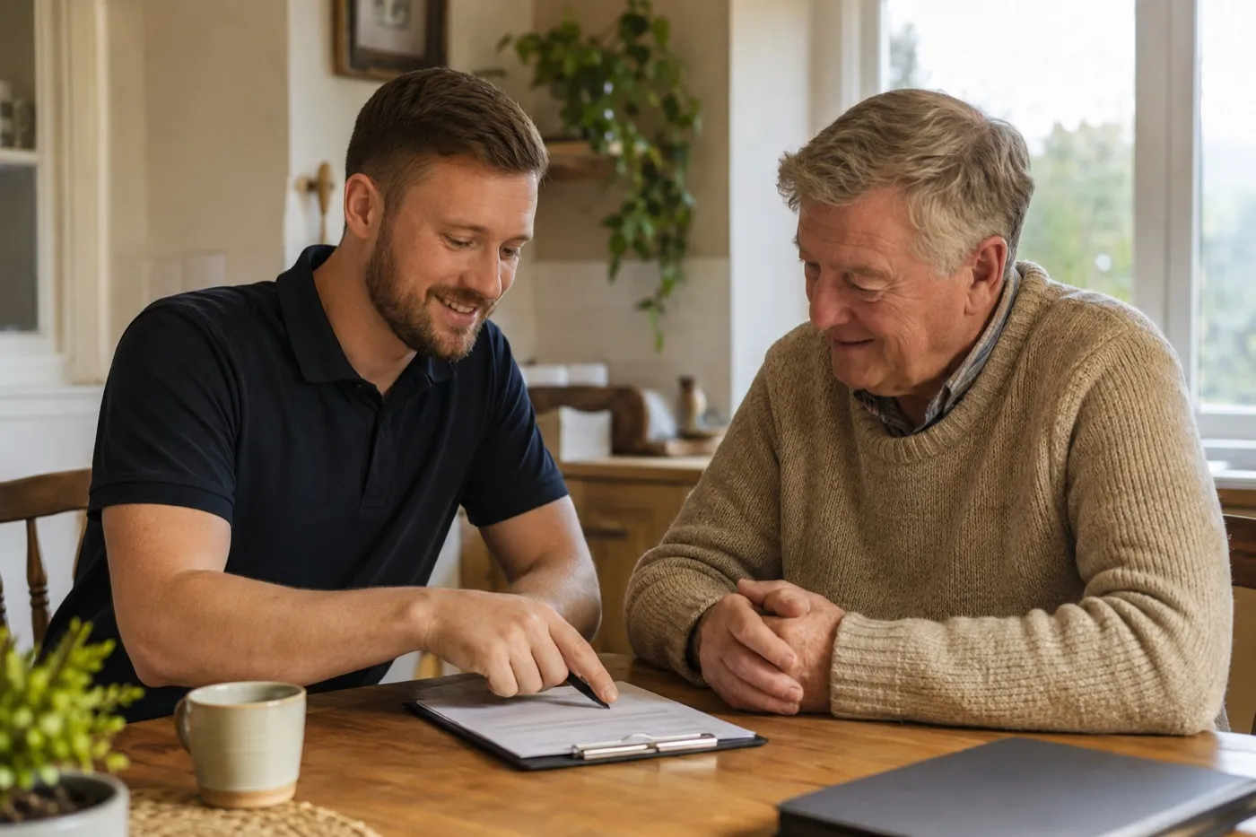 A Ballyhome advisor helping a homeowner fill in a housing grant application at a kitchen table