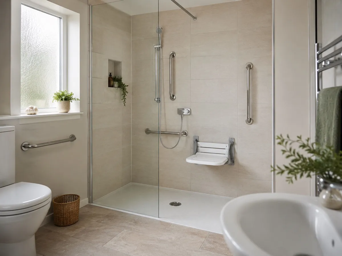 A level-access walk-in shower with grab rails and a fold-down seat, installed under the Mobility Aids Grant
