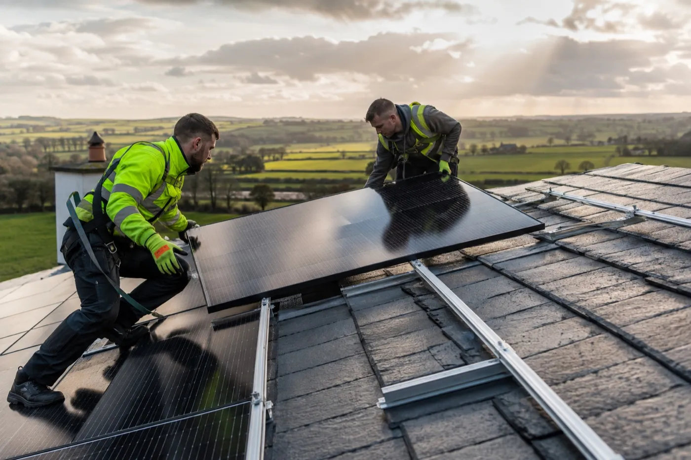 Two installers mounting black solar panels onto rails on the slate roof of an Irish home