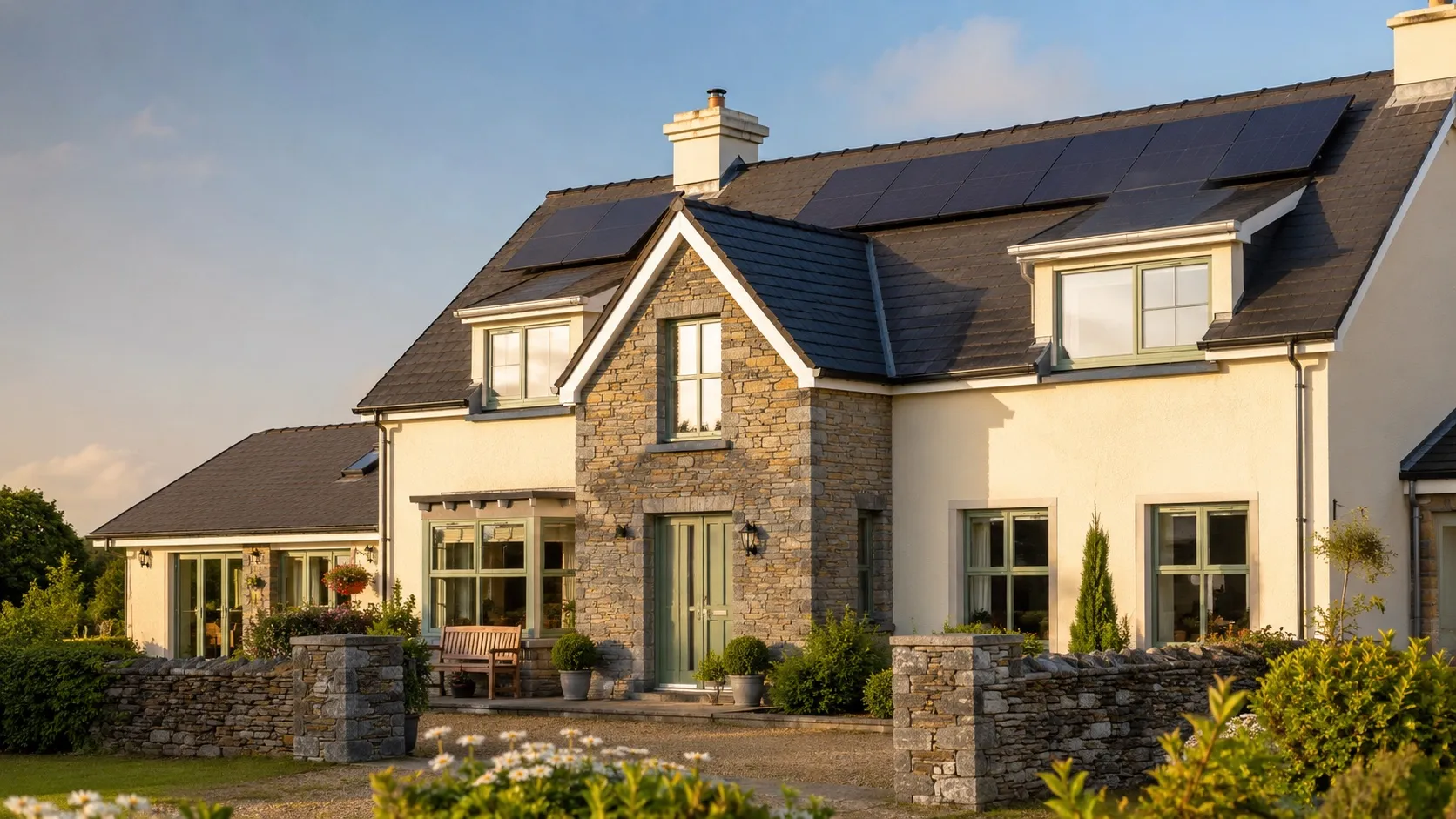 An Irish home with solar PV panels on its slate roof