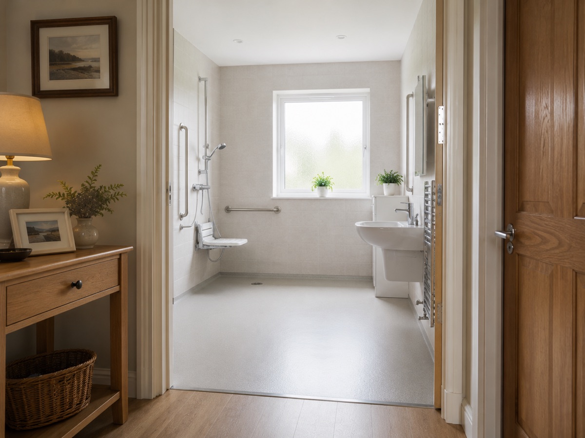 Bright accessible ground-floor wet room with a wide doorway, built under the Housing Adaptation Grant