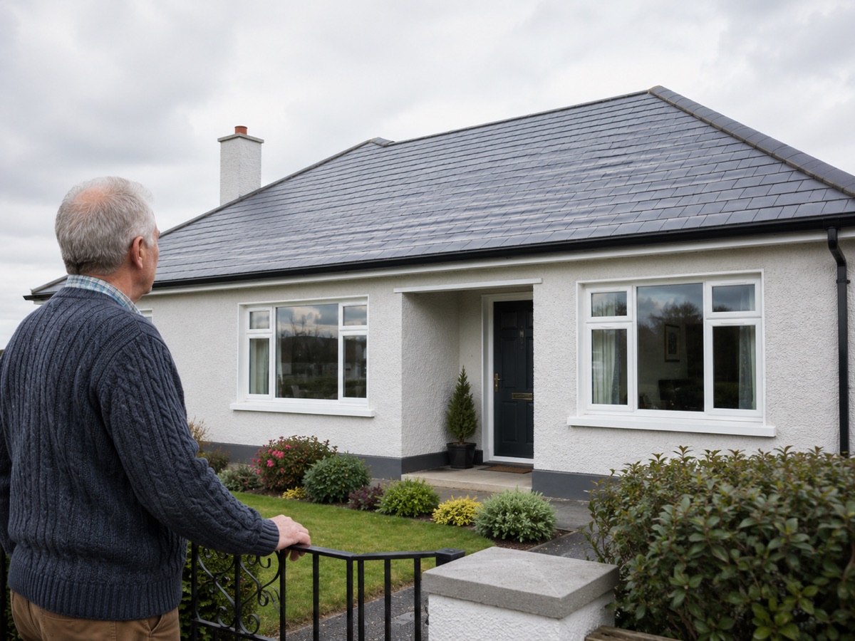 Modest Irish bungalow with a new slate roof and new windows, repaired with the Housing Aid for Older People Grant