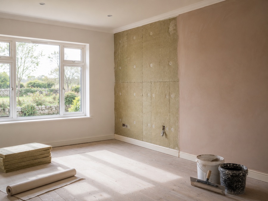 Living room mid-renovation with new insulation boards and fresh plaster