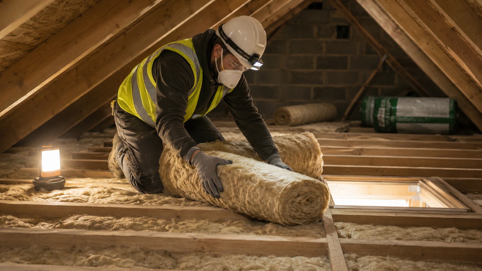Ballyhome installer in hi-vis and hard hat fitting mineral wool insulation between attic rafters