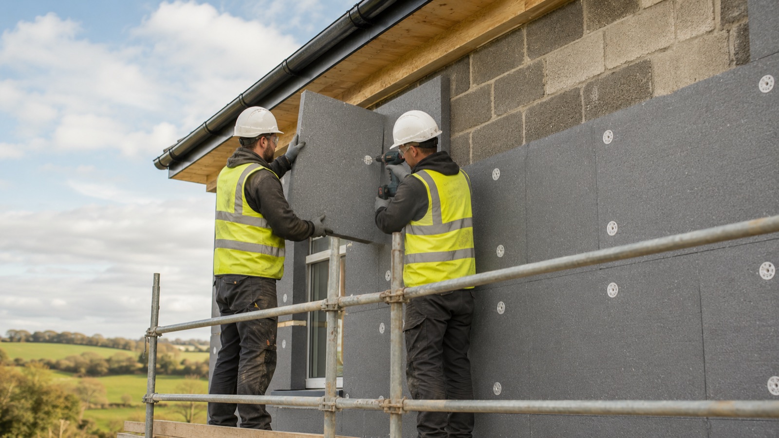 Ballyhome crew on scaffolding fixing external insulation boards to an Irish house