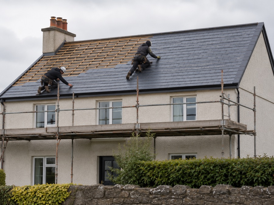 Roofers laying new natural slate on an Irish house